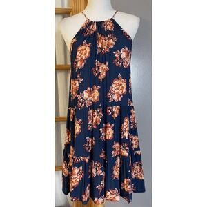 Y2K Floral Tiered Halter Mini Dress Juniors XL Pink Navy Cottagecore Boho Party